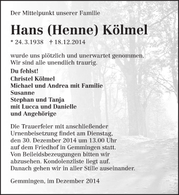 Traueranzeige von Hans Kölmel 