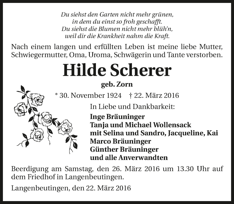  Traueranzeige für Hilde Scherer vom 24.03.2016 aus 