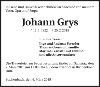 Traueranzeige von Johann Grys 
