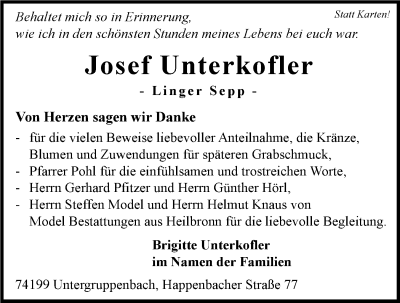 Traueranzeige für Josef Unterkofler vom 13.02.2016 aus 