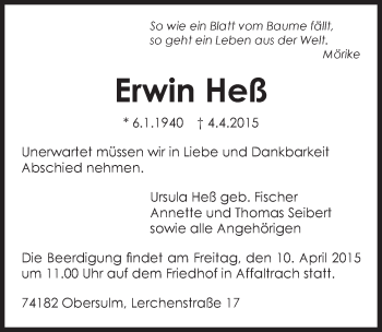 Traueranzeige von Erwin Heß 