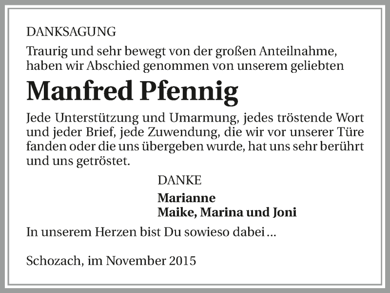  Traueranzeige für Manfred Pfennig vom 07.11.2015 aus 