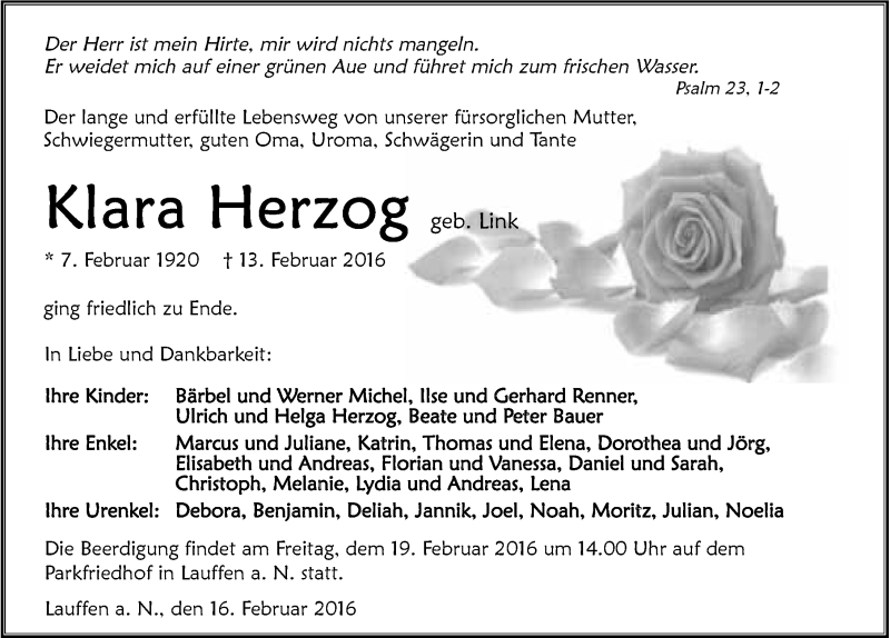  Traueranzeige für Klara Herzog vom 16.02.2016 aus 