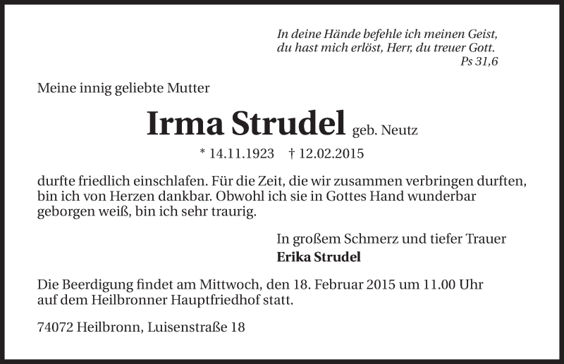  Traueranzeige für Irma Strudel vom 16.02.2015 aus 