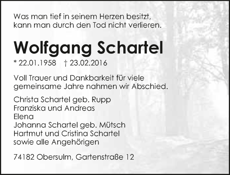  Traueranzeige für Wolfgang Schartel vom 05.03.2016 aus 