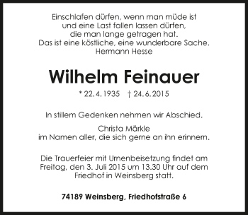Traueranzeige von Wilhelm Feinauer 