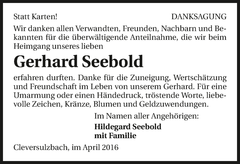  Traueranzeige für Gerhard Seebold vom 30.04.2016 aus 