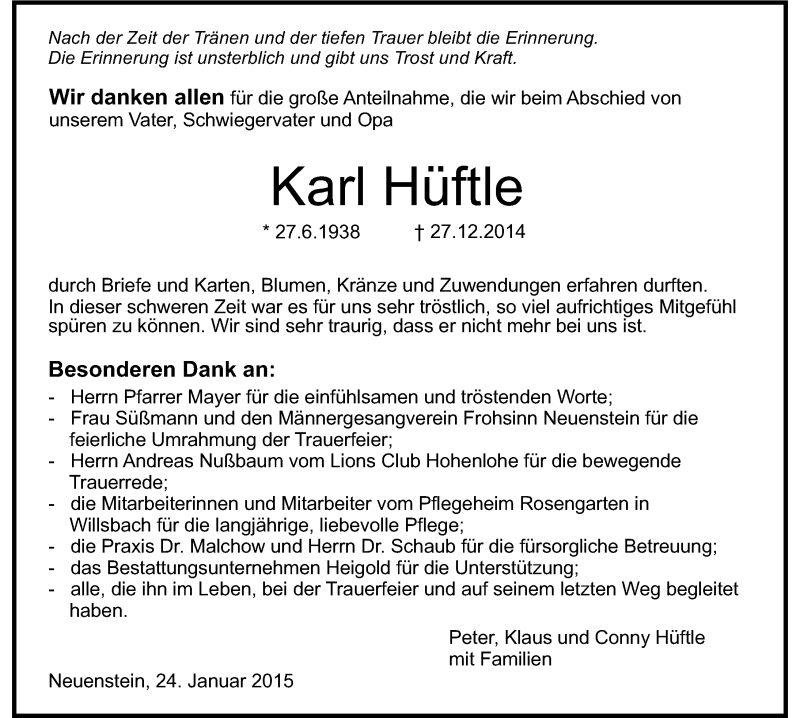  Traueranzeige für Karl Hüftle vom 24.01.2015 aus 