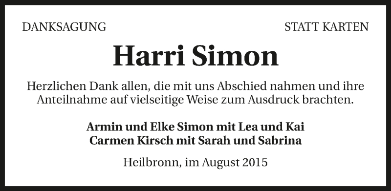  Traueranzeige für Harri Simon vom 08.08.2015 aus 