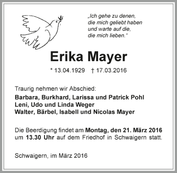 Traueranzeige von Erika Mayer 