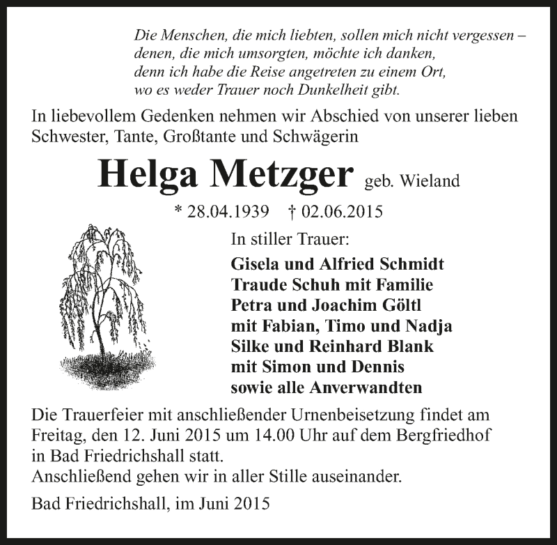  Traueranzeige für Helga Metzger vom 09.06.2015 aus 