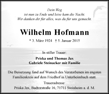 Traueranzeige von Wilhelm Hofmann 