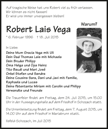 Traueranzeige von Robert Lais Vega 