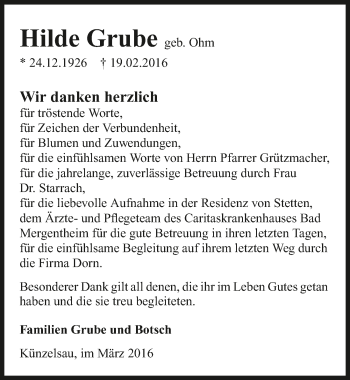 Traueranzeige von Hilde Grube 