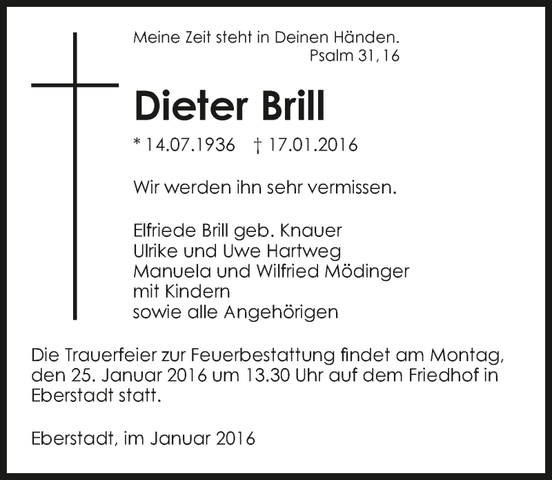  Traueranzeige für Dieter Brill vom 20.01.2016 aus 