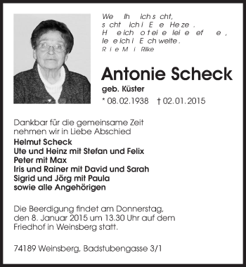 Traueranzeige von Antonie Scheck 