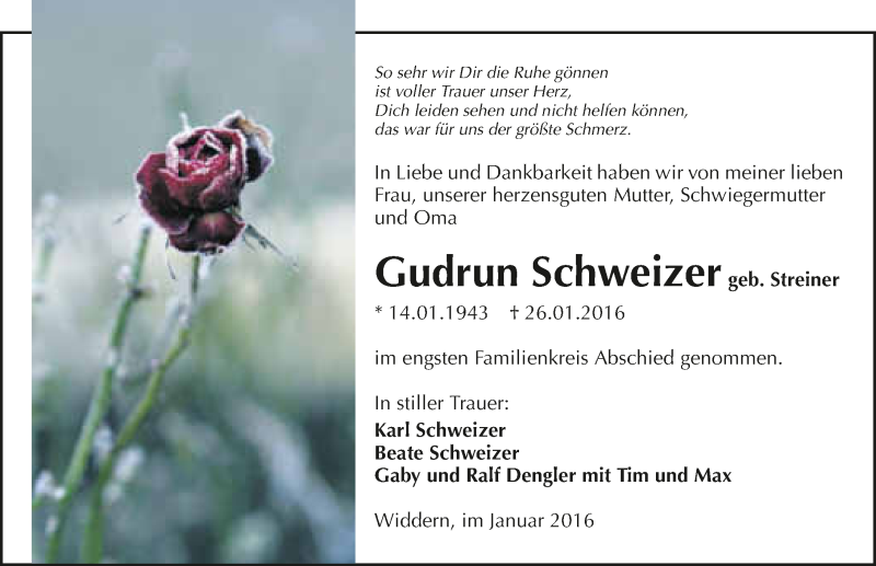  Traueranzeige für Gudrun Schweizer vom 01.02.2016 aus 