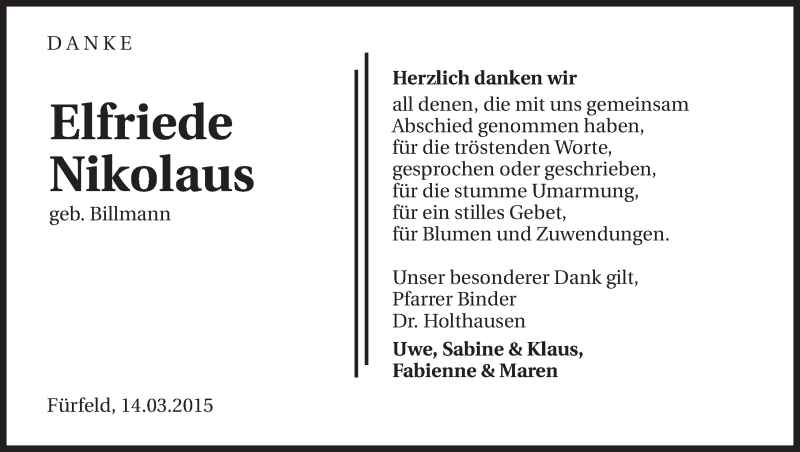  Traueranzeige für Elfriede Nikolaus vom 14.03.2015 aus 