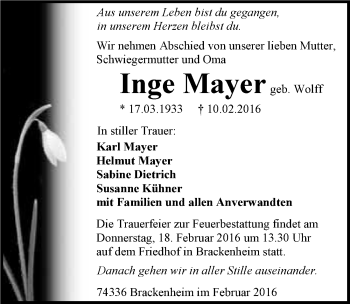 Traueranzeige von Inge Mayer 