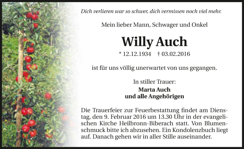  Traueranzeige für Willy Auch vom 06.02.2016 aus 