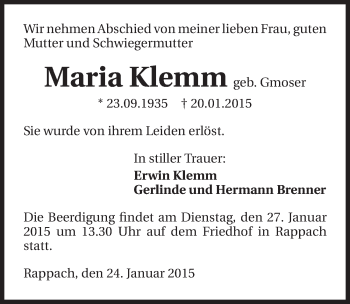 Traueranzeige von Maria Klemm 