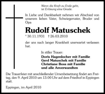 Traueranzeige von Rudolf Matuschek 