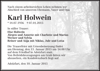 Traueranzeige von Karl Holwein 