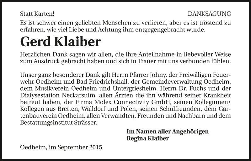  Traueranzeige für Gerd Klaiber vom 26.09.2015 aus 