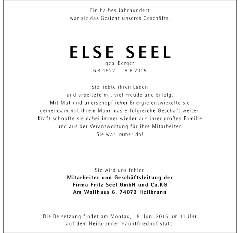  Traueranzeige für Else Seel vom 11.06.2015 aus 