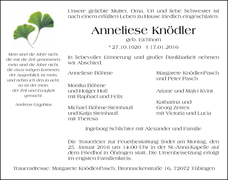  Traueranzeige für Anneliese Knödler vom 20.01.2016 aus 