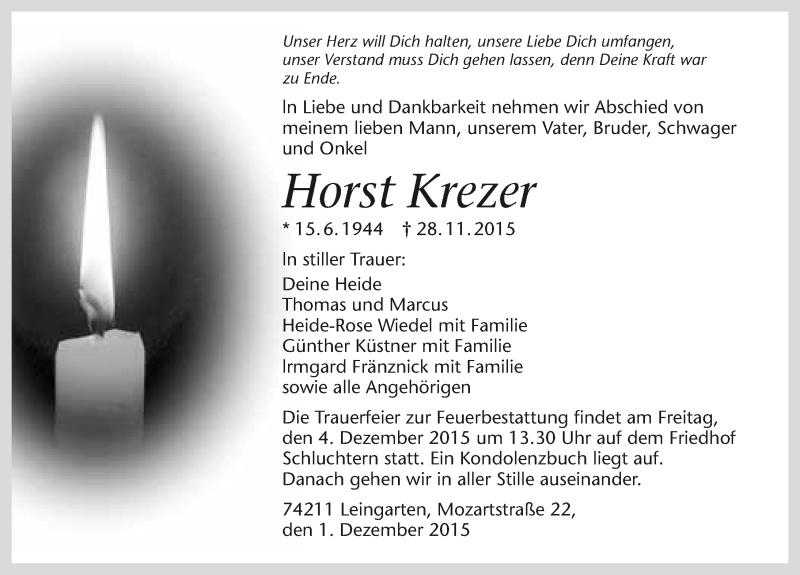  Traueranzeige für Horst Krezer vom 01.12.2015 aus 