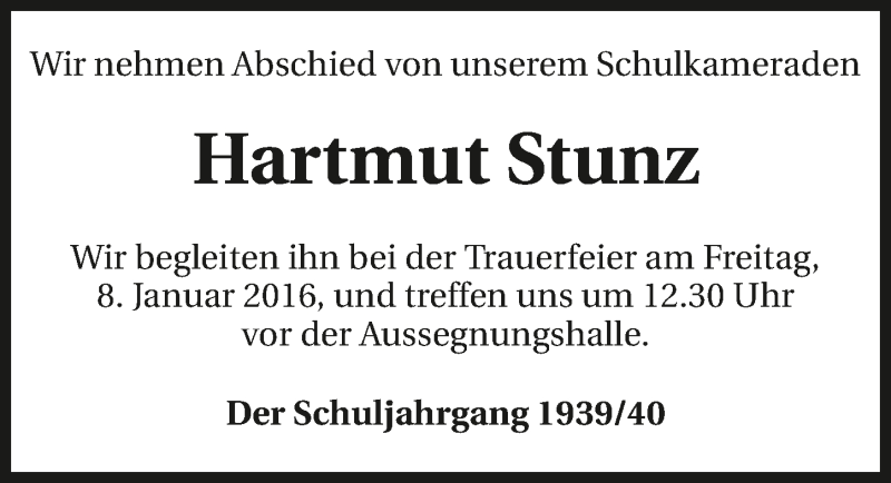  Traueranzeige für Hartmut Stunz vom 08.01.2016 aus 