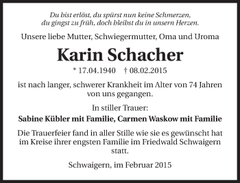 Traueranzeige von Karin Schacher 