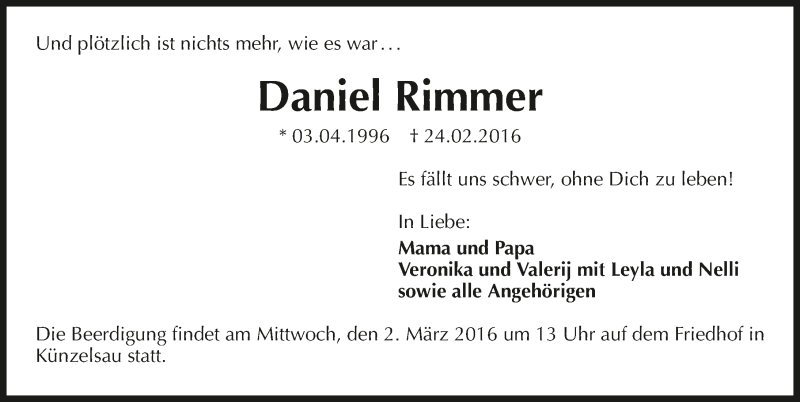 Traueranzeige für Daniel Rimmer vom 29.02.2016 aus 
