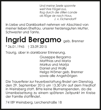 Traueranzeige von Ingrid Bergamo 