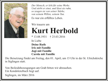 Traueranzeige von Kurt Herbold 