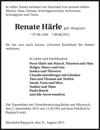 Traueranzeige von Renate Härle 