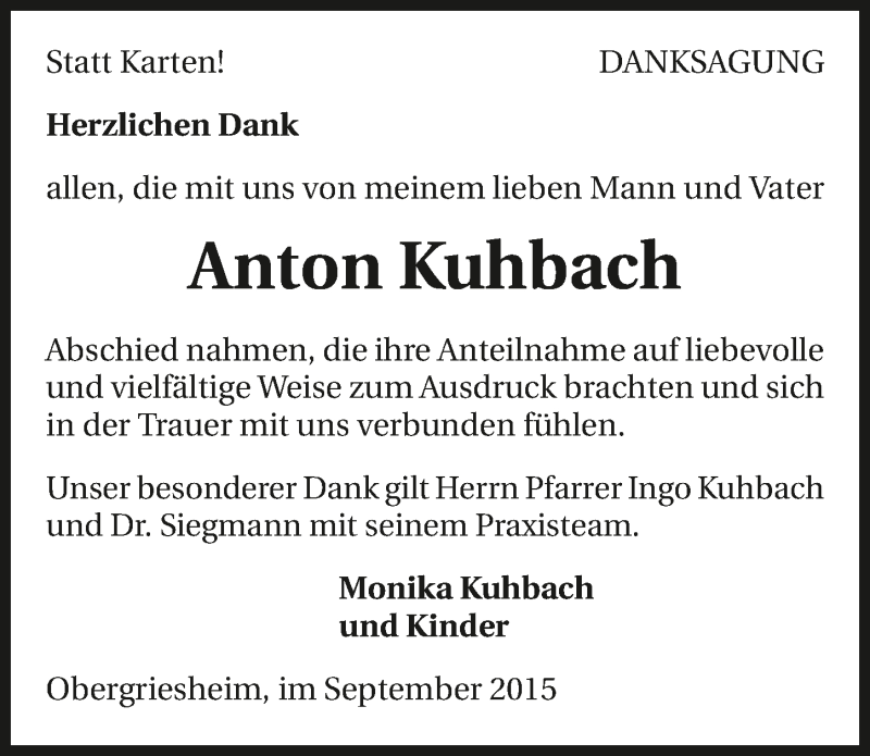  Traueranzeige für Anton Kuhbach vom 10.10.2015 aus 