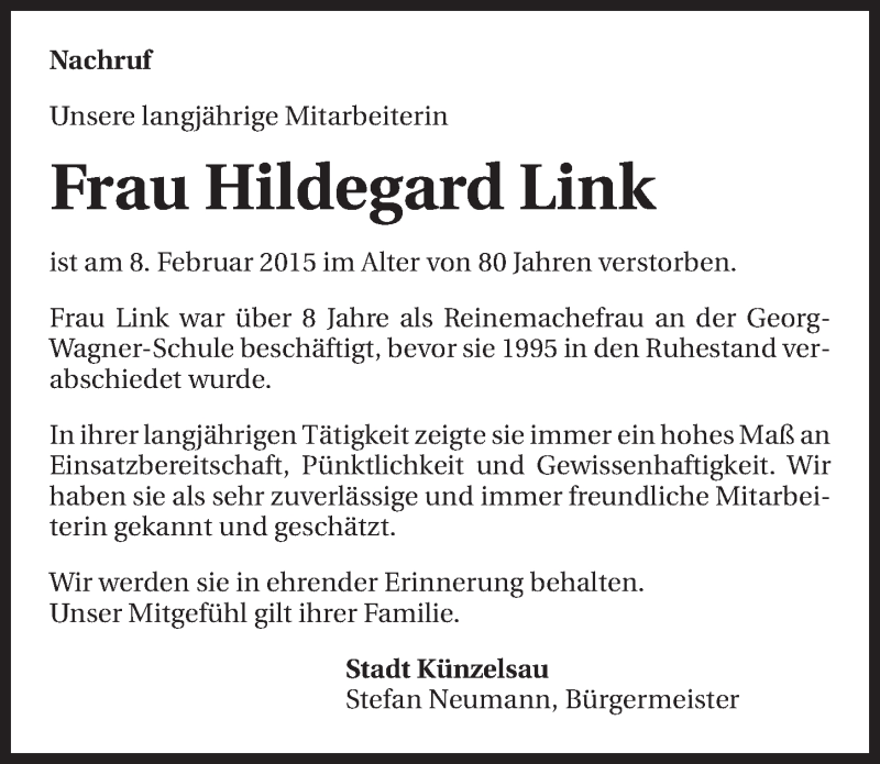  Traueranzeige für Hildegard Link vom 18.02.2015 aus 