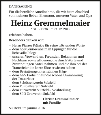 Traueranzeige von Heinz Gremmelmaier 