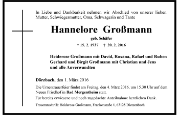 Traueranzeige von Hannelore Großmann 