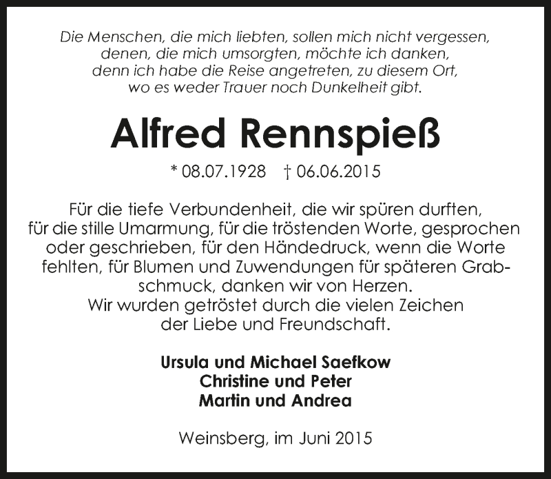  Traueranzeige für Alfred Rennspieß vom 19.06.2015 aus 