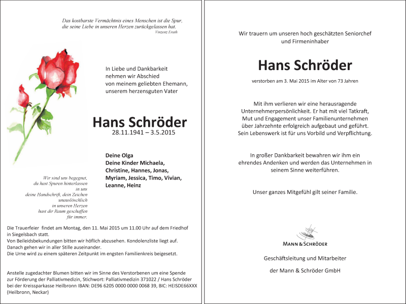  Traueranzeige für Hans Schröder vom 07.05.2015 aus 