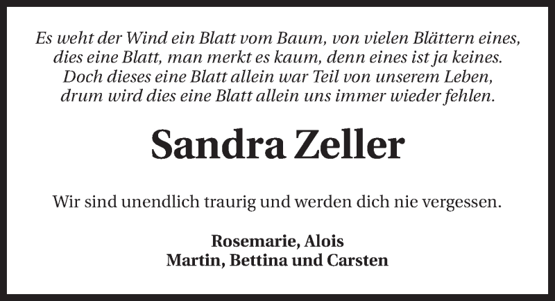  Traueranzeige für Sandra Zeller vom 26.02.2015 aus 