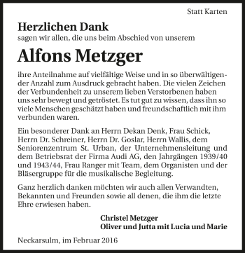 Traueranzeige von Alfons Metzger 
