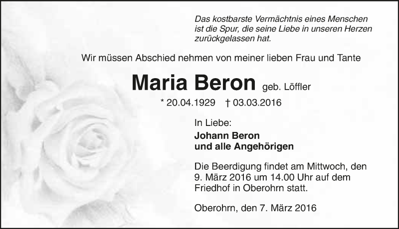  Traueranzeige für Maria Beron vom 07.03.2016 aus 