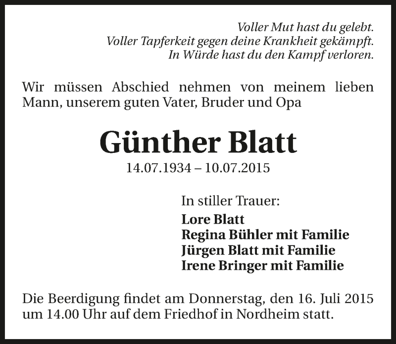  Traueranzeige für Günther Blatt vom 13.07.2015 aus 