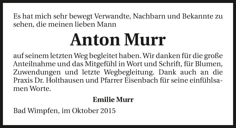  Traueranzeige für Anton Murr vom 31.10.2015 aus 