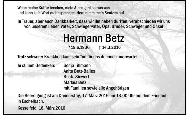  Traueranzeige für Hermann Betz vom 16.03.2016 aus 