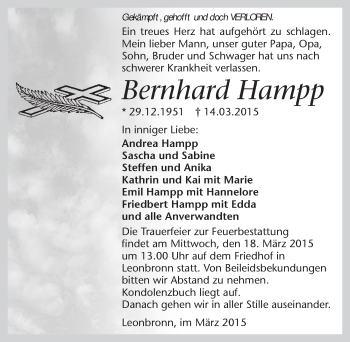 Traueranzeige von Bernhard Hampp 